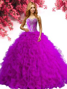 High End Floor Length Fuchsia Quinceanera Gowns Sweetheart Sleeveless Lace Up