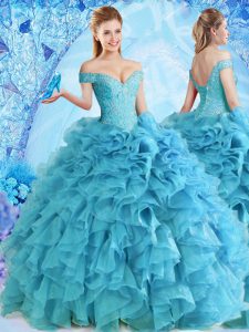 Fitting Ball Gowns 15th Birthday Dress Baby Blue Off The Shoulder Organza Sleeveless Floor Length Lace Up