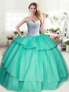 Latest Apple Green Sleeveless Floor Length Beading and Ruffled Layers Lace Up Sweet 16 Dress
