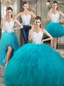 Vintage Four Piece Floor Length Lace Up 15 Quinceanera Dress White and Teal for Military Ball and Sweet 16 and Quinceanera with Beading and Ruffles