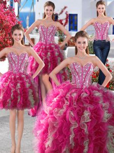 Fashionable Four Piece White and Hot Pink Sleeveless Organza Lace Up Sweet 16 Dress for Military Ball and Sweet 16 and Quinceanera