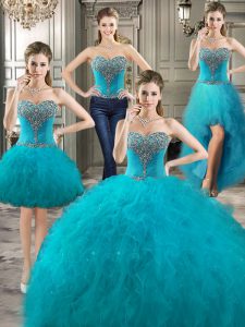 Ideal Four Piece Teal Sweetheart Lace Up Beading and Ruffles Quinceanera Dress Sleeveless