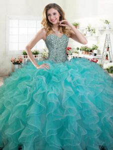 Turquoise Organza Lace Up Sweetheart Sleeveless Floor Length Quince Ball Gowns Beading and Ruffles