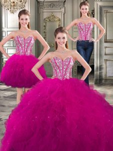 Beauteous Three Piece Fuchsia 15th Birthday Dress Military Ball and Sweet 16 and Quinceanera with Beading and Ruffles Sweetheart Sleeveless Lace Up
