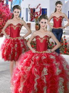 Three Piece Sweetheart Sleeveless Lace Up Quince Ball Gowns Red Organza