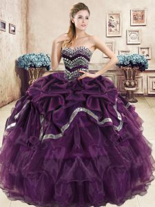 Purple Sweetheart Neckline Beading and Ruffled Layers and Pick Ups Sweet 16 Dresses Sleeveless Lace Up