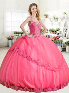 Tulle Halter Top Sleeveless Lace Up Beading and Appliques Quinceanera Gowns in Hot Pink