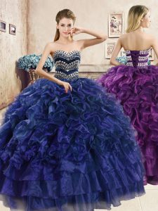 Stunning Navy Blue Sleeveless Beading and Ruffles Floor Length 15 Quinceanera Dress