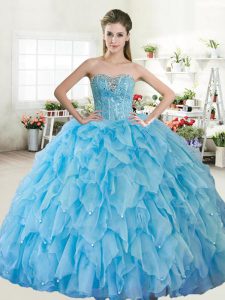 Adorable Baby Blue Lace Up Sweetheart Beading 15th Birthday Dress Organza and Tulle Sleeveless
