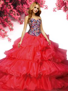 Red Sweetheart Lace Up Beading and Ruffled Layers Sweet 16 Quinceanera Dress Brush Train Sleeveless