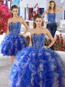 Three Piece Beading Quinceanera Dress Blue Lace Up Sleeveless Floor Length