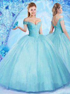 Eye-catching Off the Shoulder Aqua Blue Sleeveless Tulle Lace Up 15th Birthday Dress for Military Ball and Sweet 16 and Quinceanera