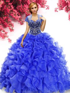 Sleeveless Organza Floor Length Lace Up Sweet 16 Dresses in Royal Blue with Beading and Ruffles