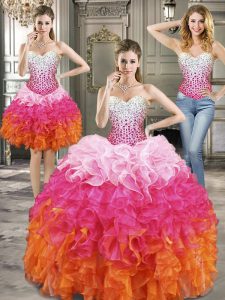 Top Selling Three Piece Multi-color Lace Up Ball Gown Prom Dress Beading Sleeveless Floor Length
