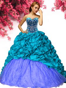 Edgy Teal Lace Up Sweet 16 Quinceanera Dress Beading and Pick Ups Sleeveless Brush Train