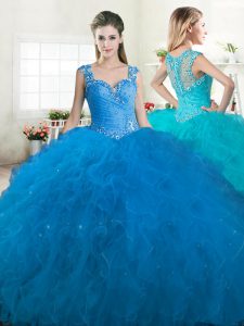 Great Blue Straps Zipper Beading and Ruffles Quinceanera Dresses Sleeveless
