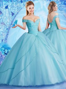 Designer Off the Shoulder Sleeveless Tulle With Brush Train Lace Up Vestidos de Quinceanera in Aqua Blue with Beading