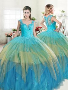 Artistic Straps Multi-color Zipper Quinceanera Dress Beading and Ruffled Layers Sleeveless Floor Length