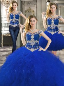 Three Piece Off the Shoulder Royal Blue Ball Gowns Beading and Ruffles Ball Gown Prom Dress Lace Up Tulle Sleeveless Floor Length