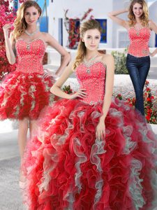 Dynamic Three Piece Sweetheart Sleeveless 15 Quinceanera Dress Floor Length Beading White and Red Organza