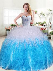 Super Sweetheart Sleeveless Sweet 16 Quinceanera Dress Floor Length Beading and Ruffles Blue And White Organza
