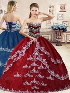 Wine Red Ball Gowns Sweetheart Sleeveless Organza Floor Length Lace Up Beading and Appliques Sweet 16 Quinceanera Dress