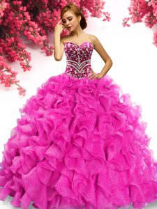 Affordable Sweetheart Sleeveless Sweet 16 Dresses Sweep Train Beading and Ruffles Hot Pink Organza