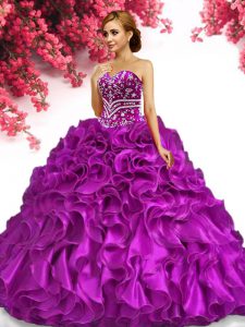 Enchanting Fuchsia Sleeveless Floor Length Beading and Ruffles Lace Up Quince Ball Gowns