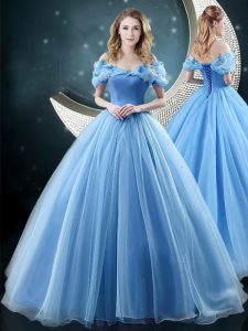 Shining Off The Shoulder Sleeveless Brush Train Lace Up Sweet 16 Quinceanera Dress Baby Blue Organza