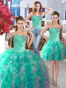 Three Piece White and Turquoise Sweet 16 Quinceanera Dress Organza Sleeveless Beading