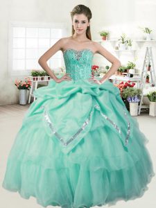 High Class Sleeveless Organza Lace Up Quinceanera Gown in Apple Green with Beading and Pick Ups