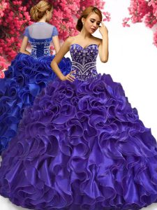 Beading and Ruffles Ball Gown Prom Dress Purple Lace Up Sleeveless Floor Length