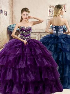 Beading and Ruffled Layers Sweet 16 Dresses Purple Lace Up Sleeveless Floor Length