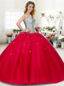 Red Quinceanera Gown Military Ball and Sweet 16 and Quinceanera with Beading Sweetheart Sleeveless Lace Up