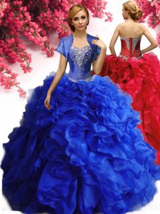 Organza Sweetheart Sleeveless Lace Up Beading and Ruffles Ball Gown Prom Dress in Royal Blue