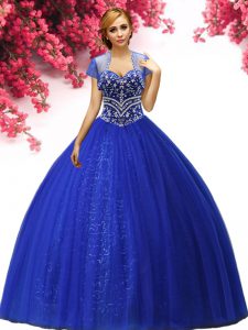Edgy Royal Blue Ball Gowns Tulle Sweetheart Sleeveless Beading Floor Length Lace Up Vestidos de Quinceanera