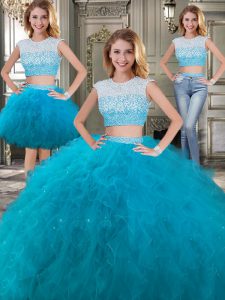 Fantastic Three Piece Scoop Teal Tulle Backless Quinceanera Gowns Cap Sleeves Floor Length Beading and Ruffles