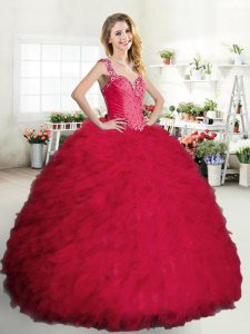 Straps Coral Red Tulle Zipper 15 Quinceanera Dress Sleeveless Floor Length Beading and Ruffles