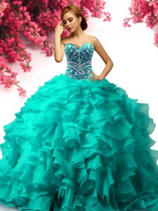Enchanting Turquoise Ball Gowns Organza Sweetheart Sleeveless Beading and Ruffles Floor Length Lace Up 15 Quinceanera Dress