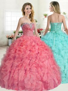 Glorious Beading and Ruffles Sweet 16 Quinceanera Dress Watermelon Red Lace Up Sleeveless Floor Length