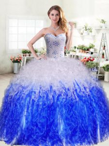 Cheap Blue And White Organza Lace Up Sweetheart Sleeveless Floor Length 15th Birthday Dress Beading and Ruffles