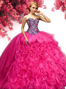 Elegant Sweetheart Sleeveless Sweet 16 Quinceanera Dress Floor Length Beading and Ruffles Hot Pink Organza