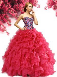 Red Ball Gowns Beading and Ruffles Quinceanera Gowns Lace Up Organza Sleeveless Floor Length