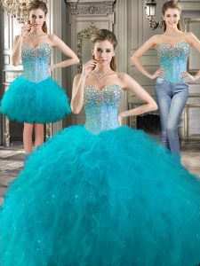 Fashionable Three Piece Floor Length Aqua Blue 15th Birthday Dress Tulle Sleeveless Beading and Ruffles