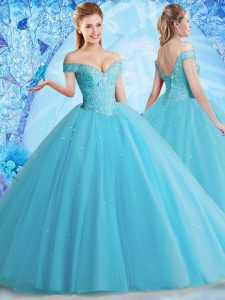 Off the Shoulder Sleeveless Tulle Floor Length Lace Up Quince Ball Gowns in Aqua Blue with Beading and Lace