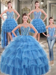 Designer Four Piece Ruffled Floor Length Blue Sweet 16 Dress Sweetheart Sleeveless Lace Up