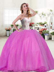 Sleeveless Floor Length Beading Lace Up Vestidos de Quinceanera with Lilac