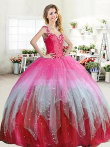 Straps Sleeveless 15th Birthday Dress Floor Length Beading and Ruffled Layers Multi-color Tulle