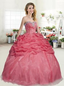 Low Price Coral Red Sleeveless Floor Length Beading and Pick Ups Lace Up 15 Quinceanera Dress
