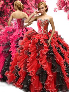 Ideal Red And Black Sweetheart Lace Up Beading and Ruffles 15 Quinceanera Dress Sleeveless